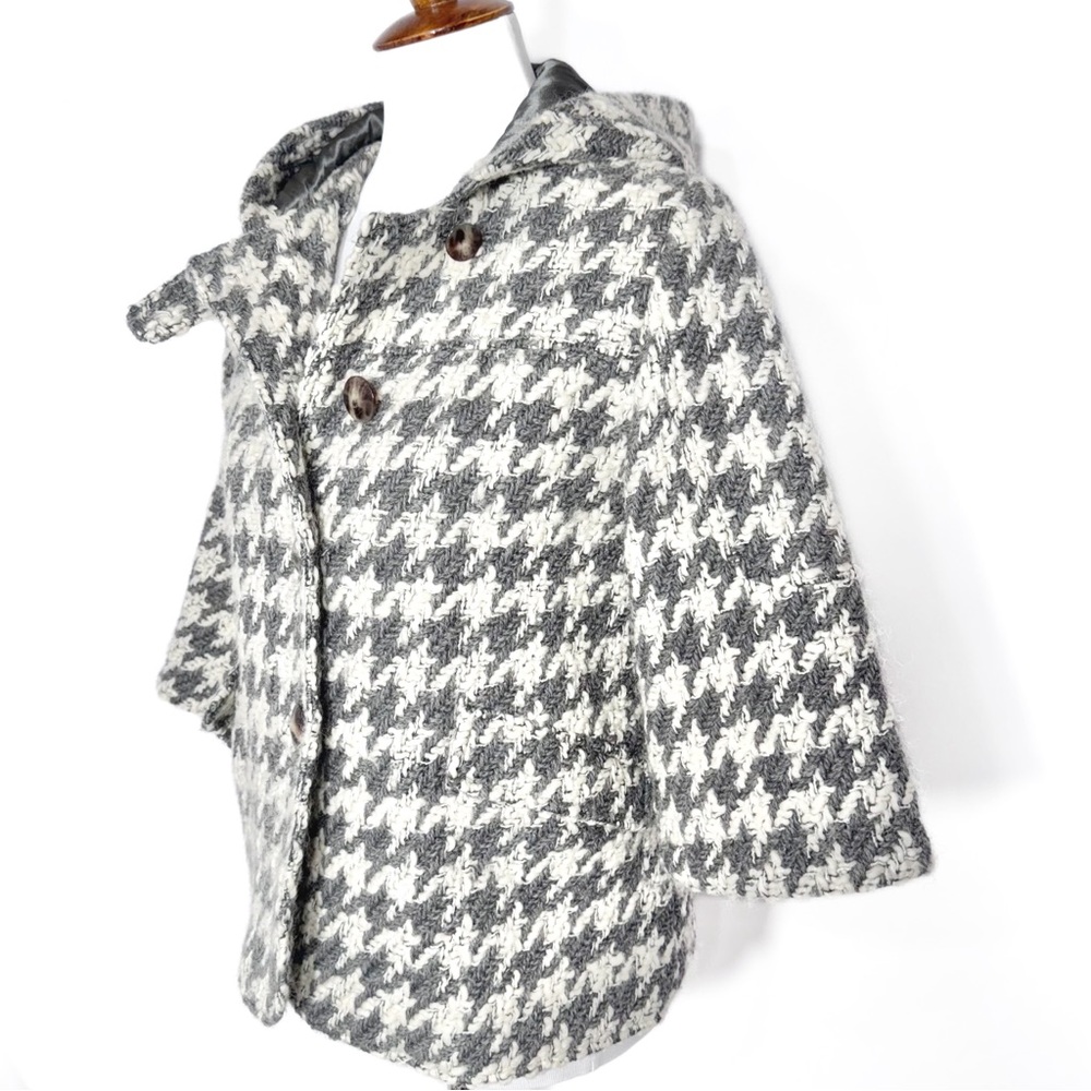 Anthropologie Houndstooth Gray Tweed Crochet 3/4 Sleeve Hooded Peacoat Jacket S - Picture 5 of 14
